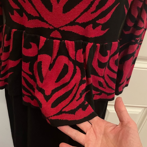 Spense Medium Peplum V-Neck Style Knit Dress in festive Red and Black. - Picture 4 of 13